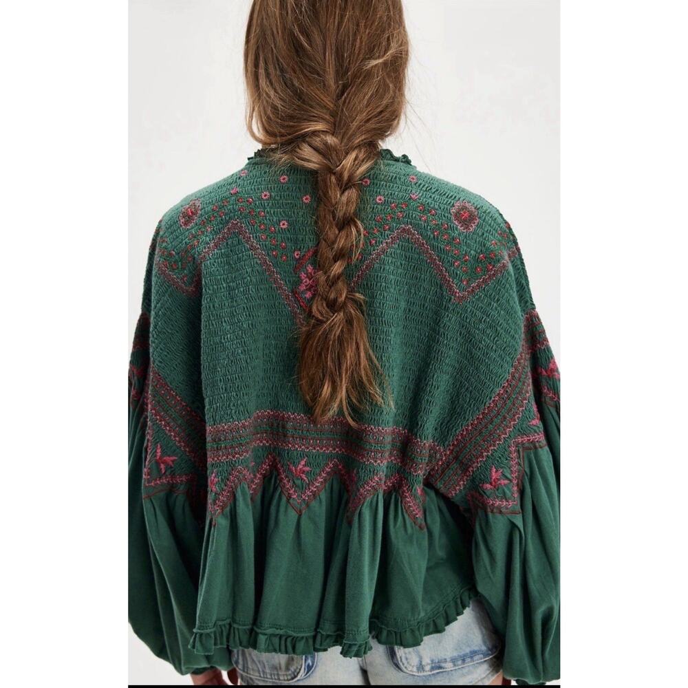 Free People Holly Knit Embroidered Smocked Long SleeveTop, Size XL - Picture 2 of 6